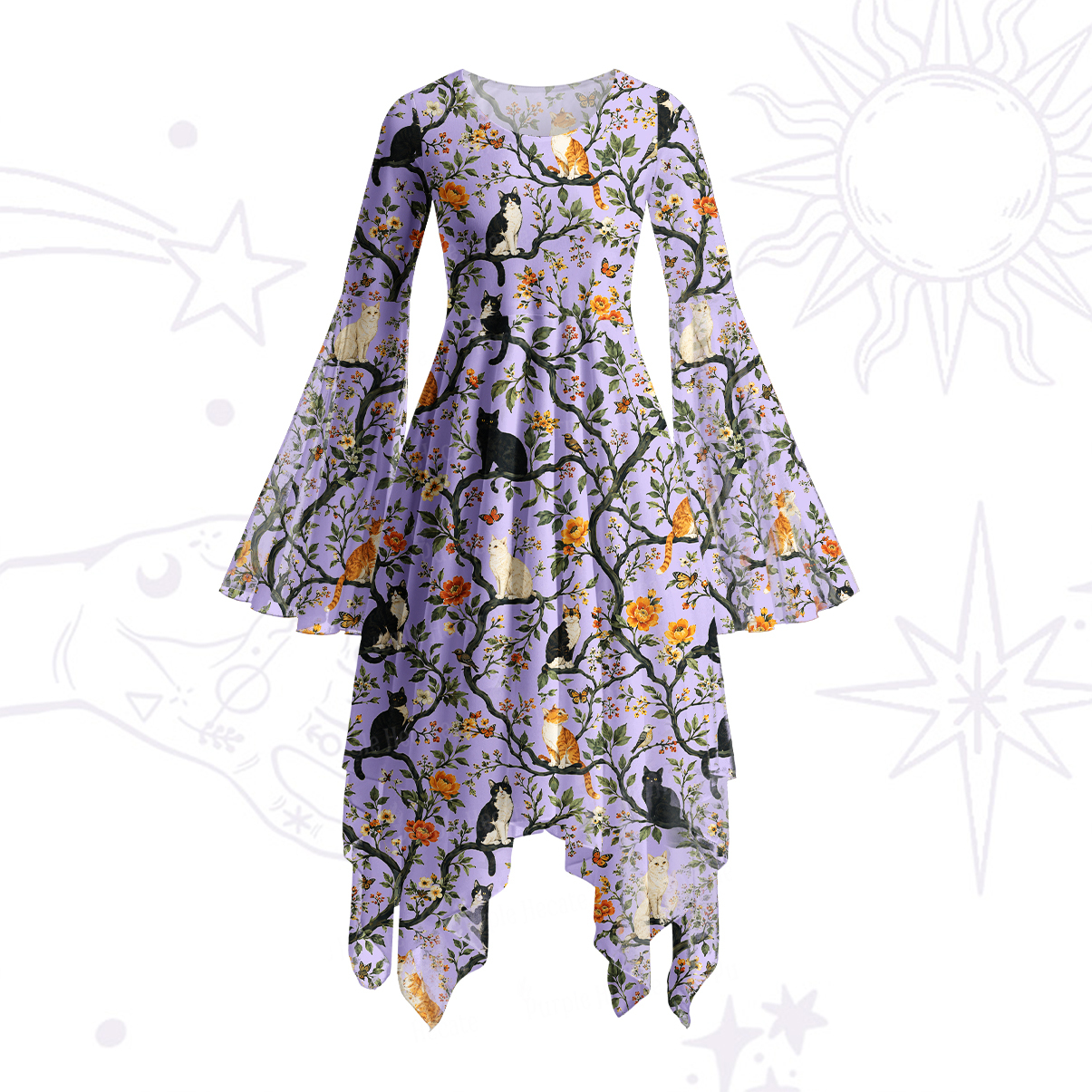 Purplehecate Enchanted Cat Grove Bell Sleeve Dress