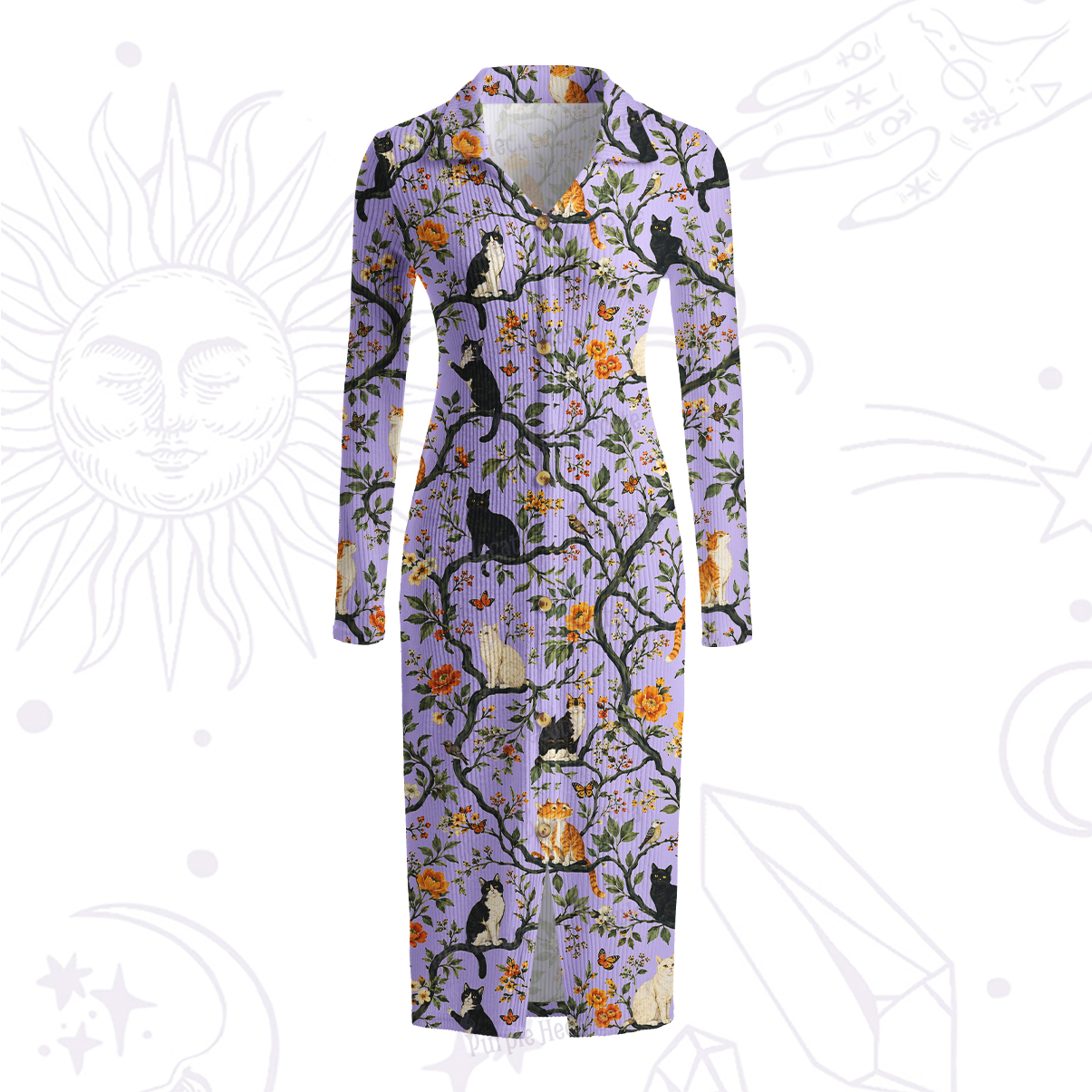 Purplehecate Enchanted Cat Grove Ribbed Knit Dress