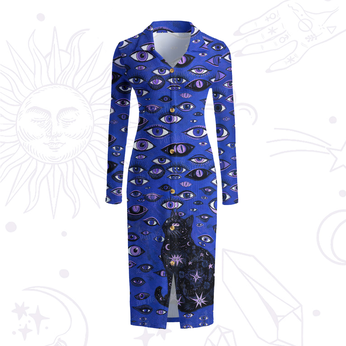 Purplehecate Cosmic Watcher Cat Ribbed Knit Dress
