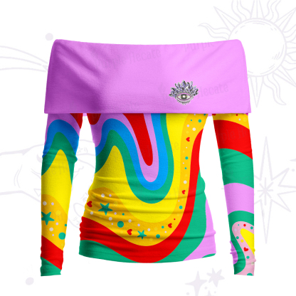Purplehecate Dreamy Rainbow Waves Off Shoulder Long Sleeve Knit Top
