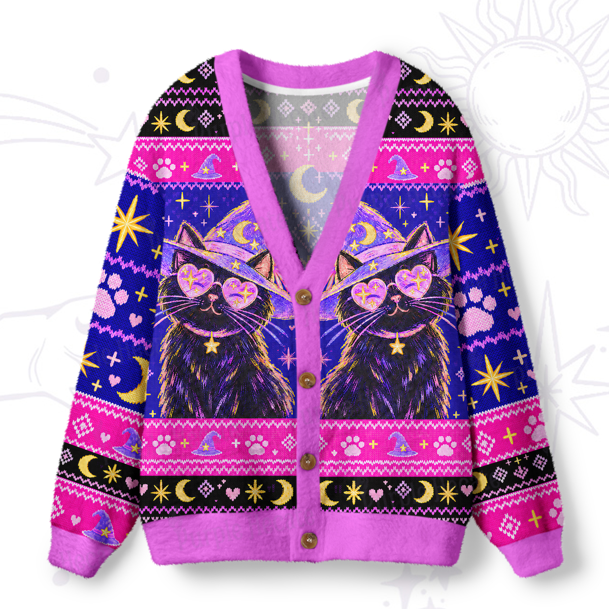 Purplehecate Vintage Witchcraft Cat with Heart Glasses Ugly Cardigan Sweaters