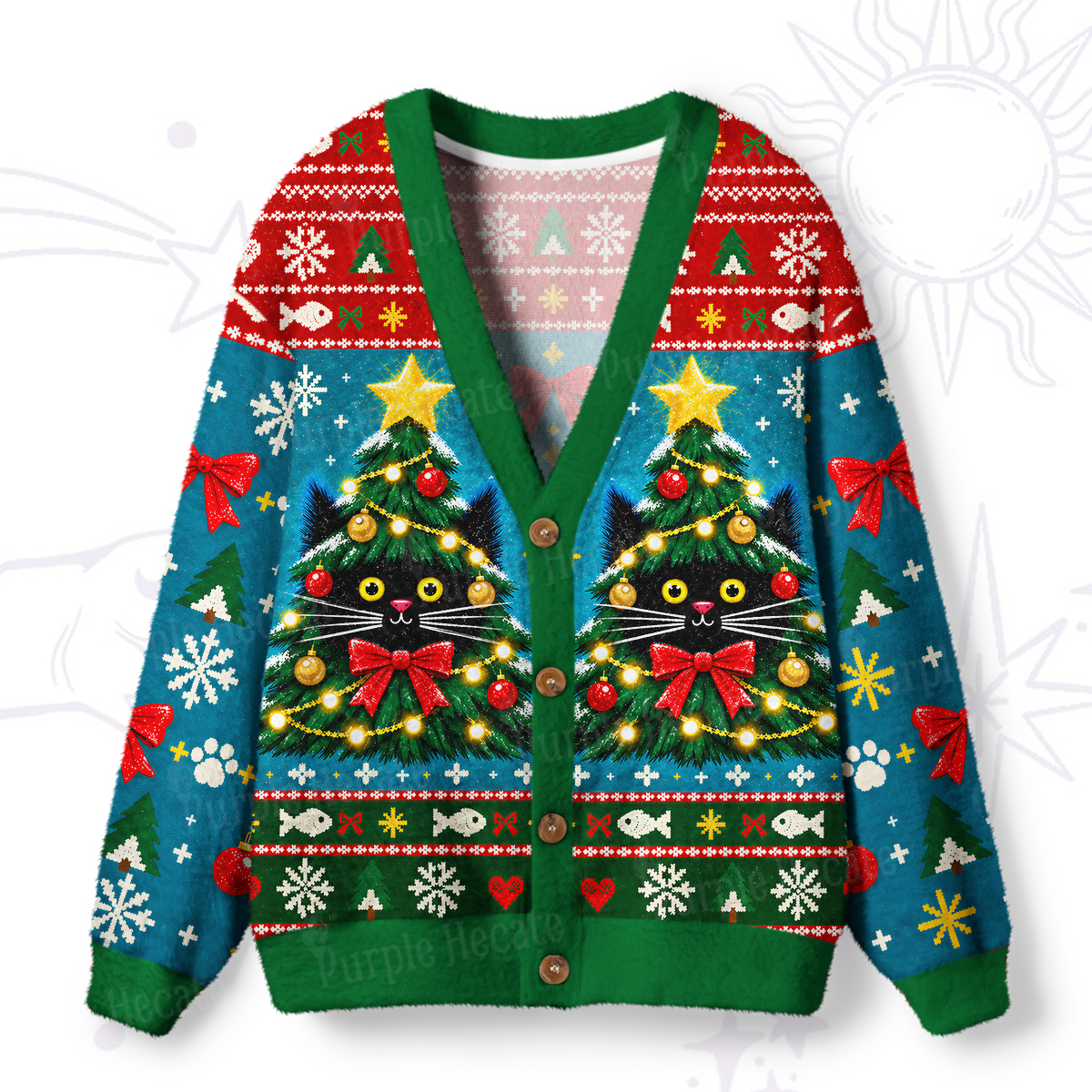 Purplehecate Meowy Catmas Christmas Tree Ugly Cardigan Sweaters