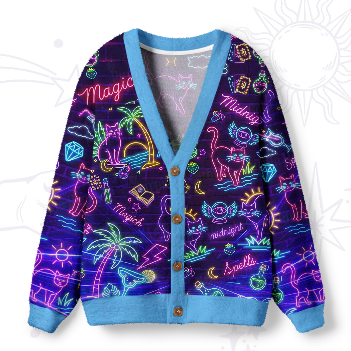 Purplehecate Neon Midnight Cat Magic Ugly Cardigan Sweaters