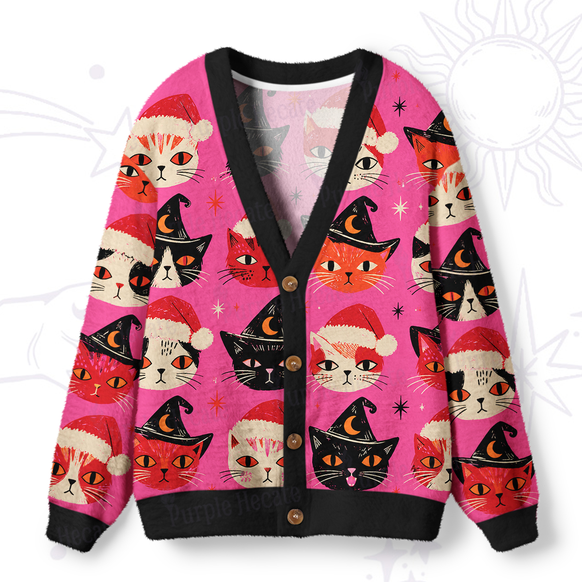 Purplehecate Witchy Christmas Cats Ugly Cardigan Sweaters