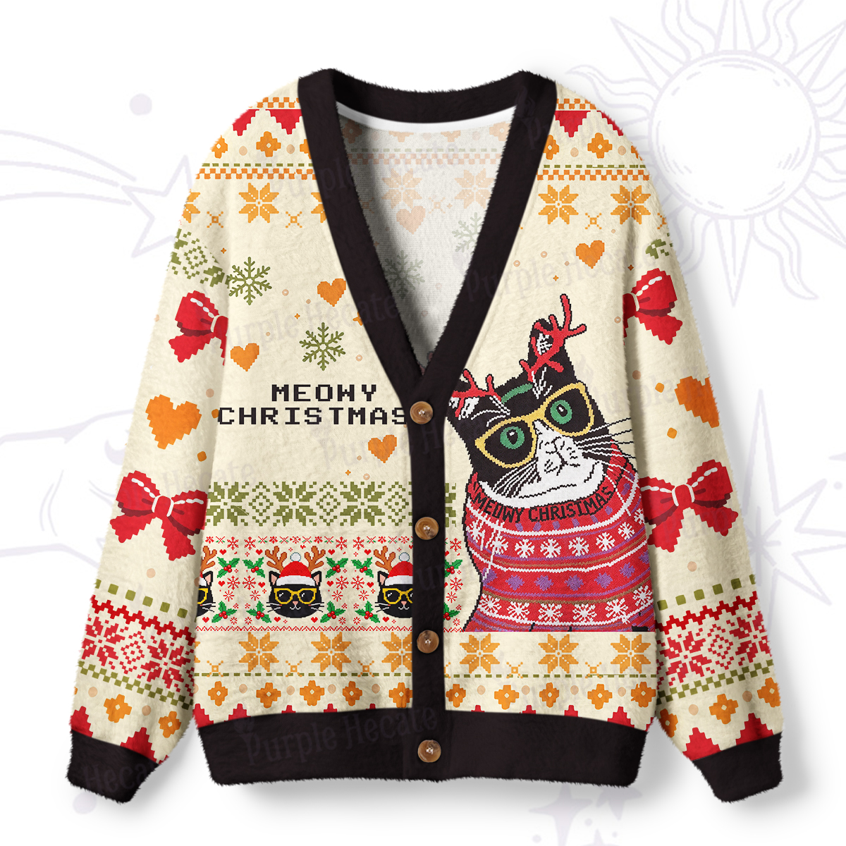 Purplehecate Meowy Christmas Symphony Ugly Cardigan Sweaters