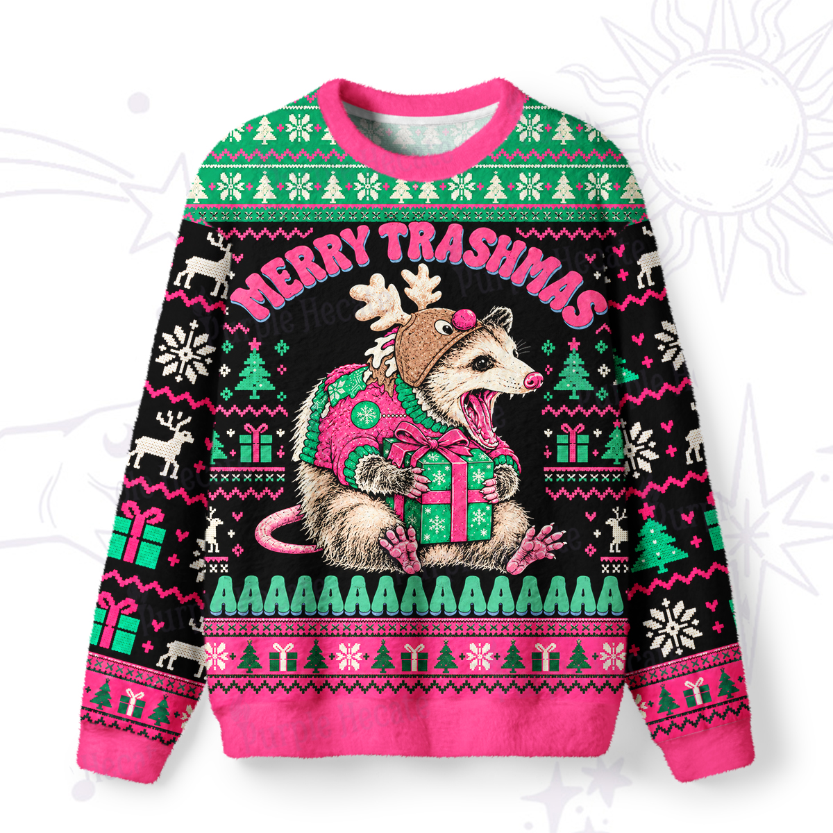 Purplehecate Merry Trashmas Possum Christmas Fuzzy Ugly Sweatshirt