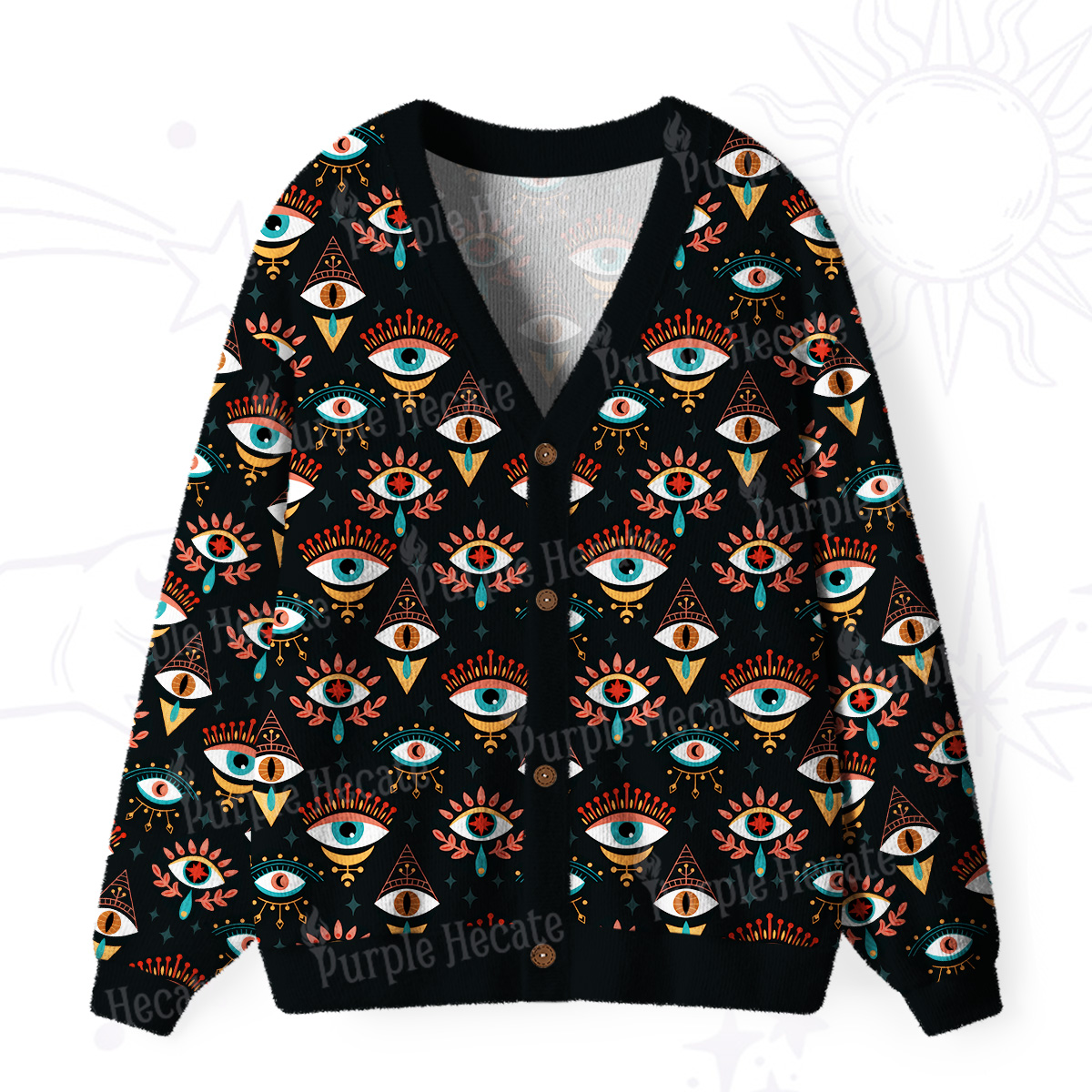 Purplehecate Evil Eye Pattern Ugly Cardigan Sweaters