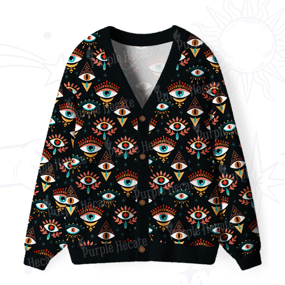 Purplehecate Evil Eye Pattern Ugly Cardigan Sweaters