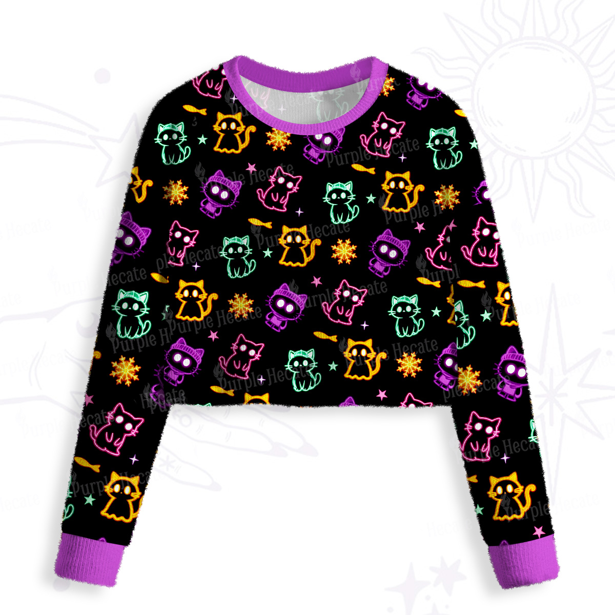 Purplehecate Neon Cat Party Crop Fuzzy Ugly Sweatshirt