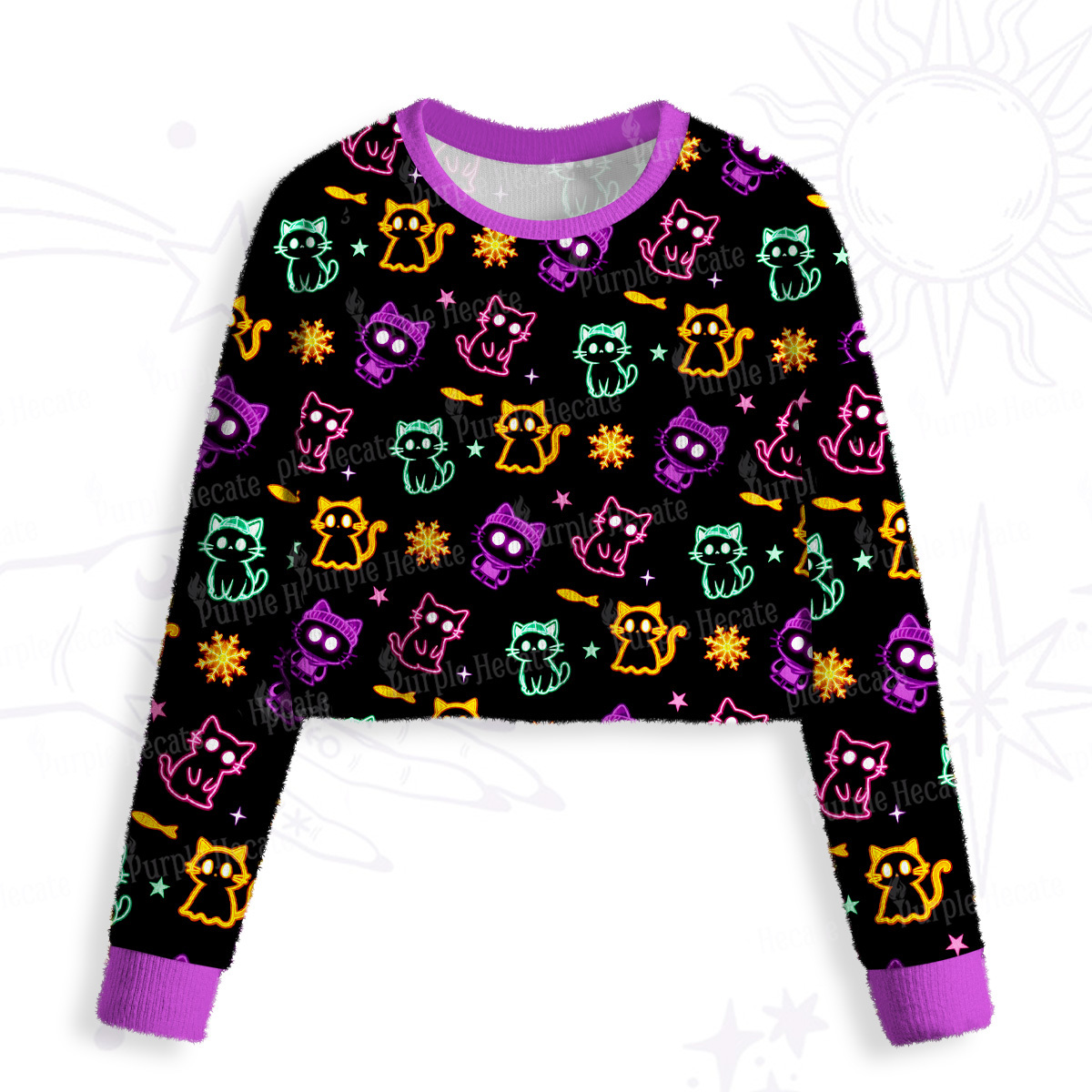 Purplehecate Neon Cat Party Crop Fuzzy Ugly Sweatshirt