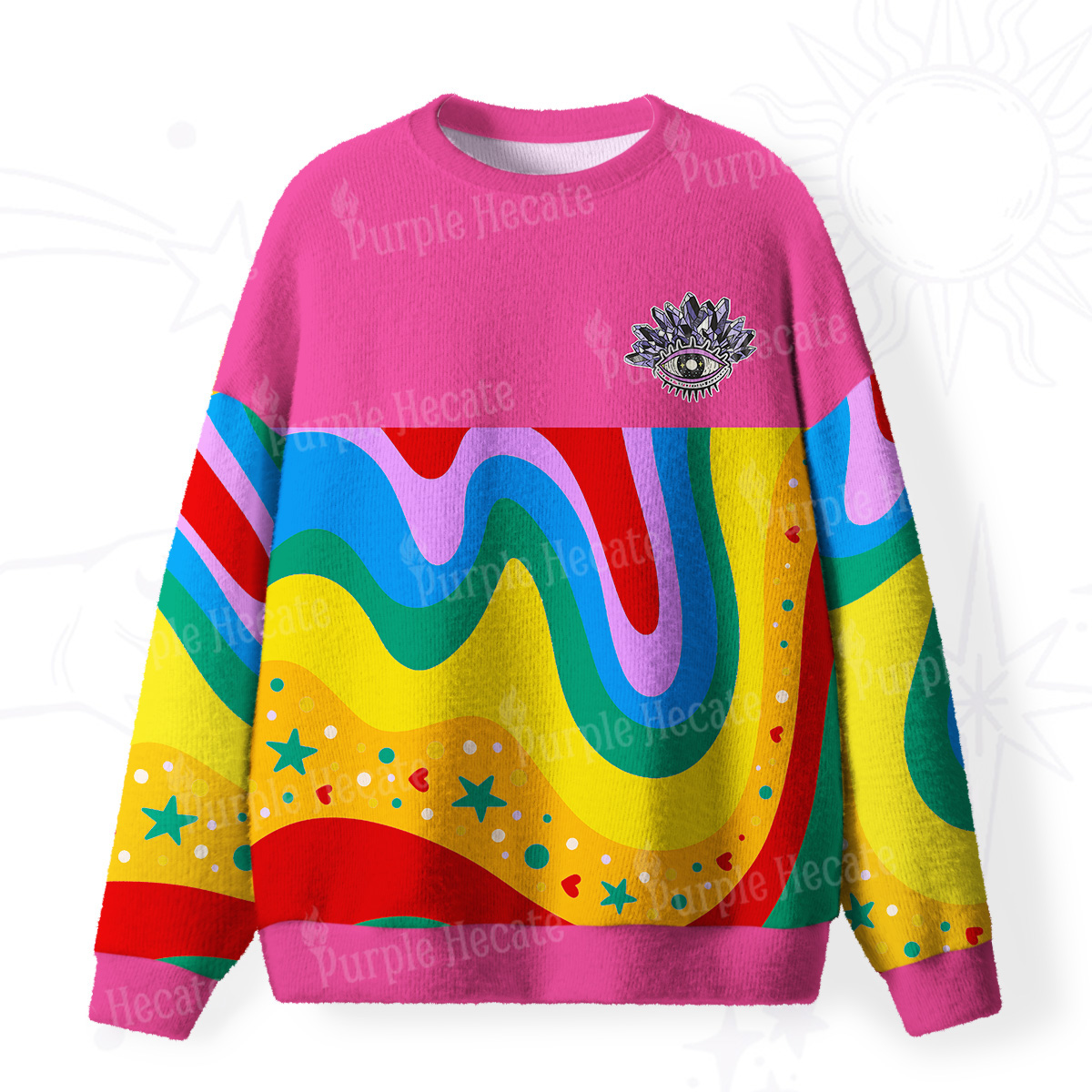 Purplehecate Dreamy Rainbow Waves Fuzzy Ugly Christmas Sweatshirt