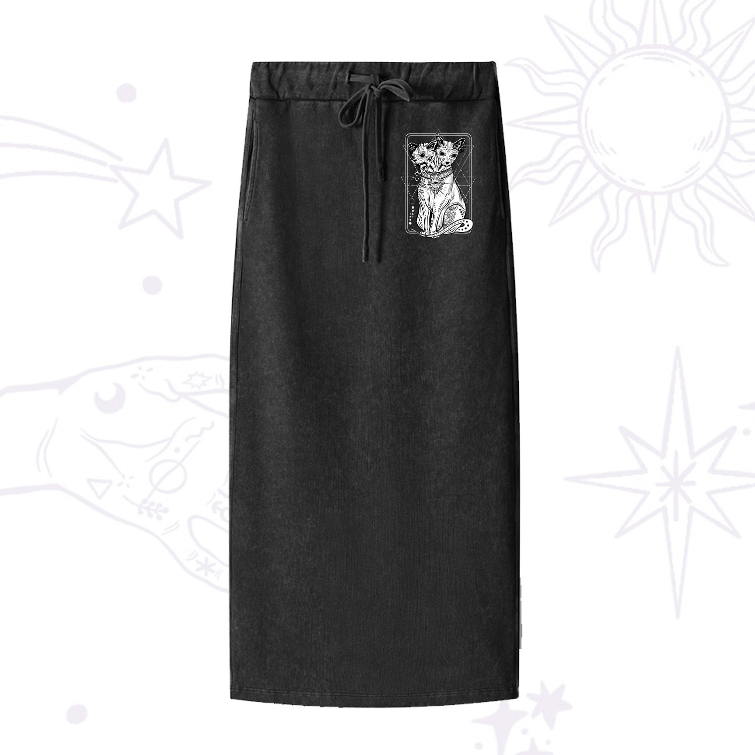 Purplehecate The Cat Goddess Bastet Washed Drawstring Long Skirt