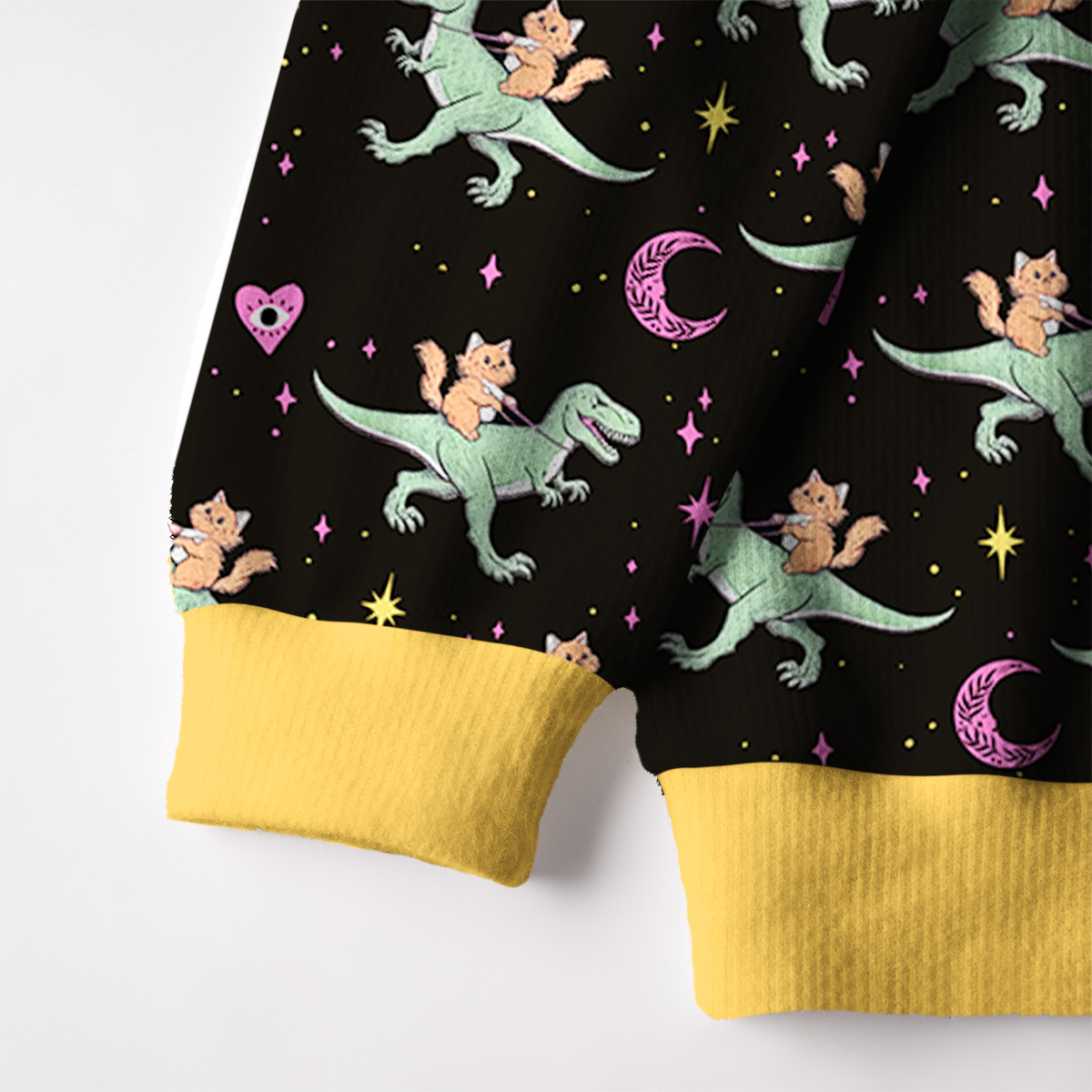Purplehecate Witch Cat Rides the Dino Ugly Cardigan Sweaters