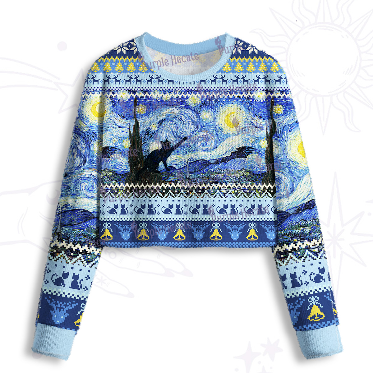 Purplehecate Witch Cat Under the Starry Night Cropped Fuzzy Ugly Sweatshirt