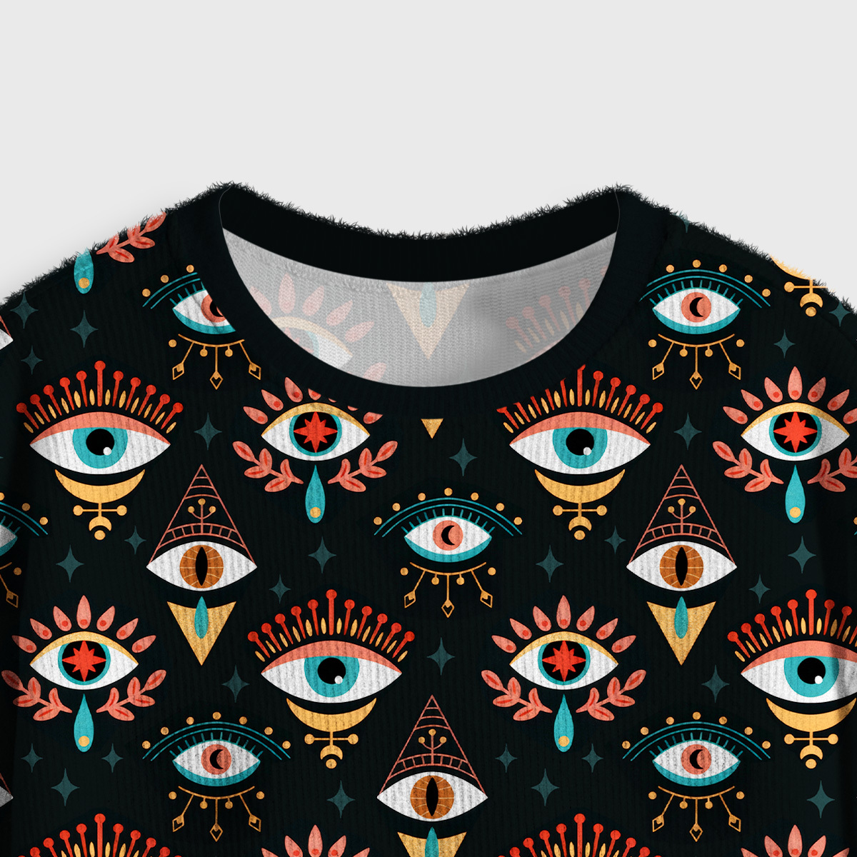 Purplehecate Evil Eye Pattern Crop Fuzzy Ugly Sweatshirt