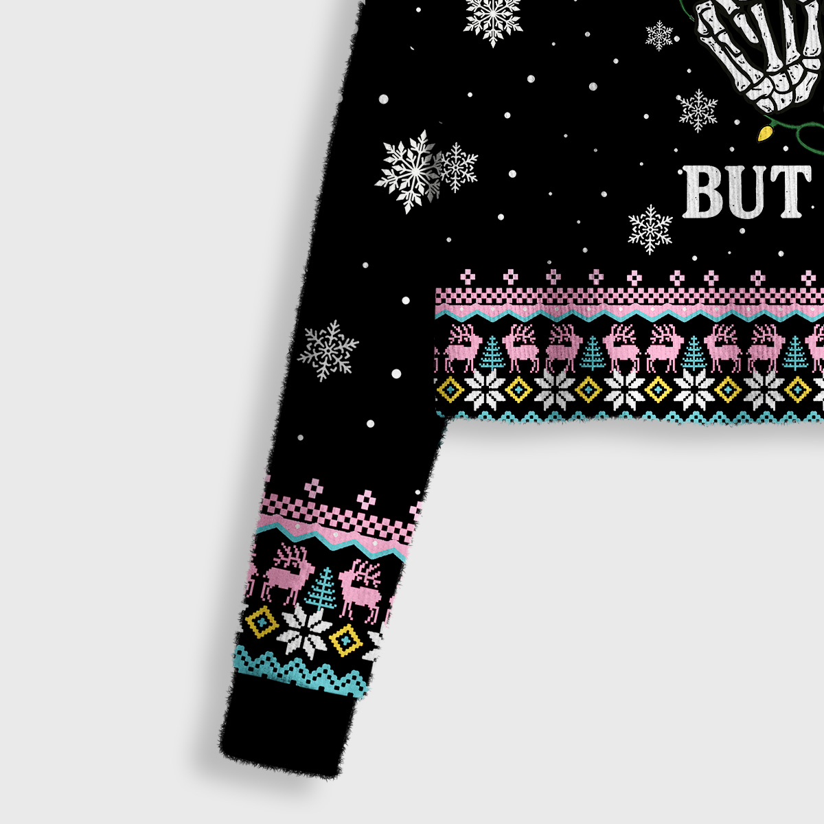 Purplehecate Dead Inside But Jolly AF Christmas Crop Fuzzy Ugly Sweatshirt