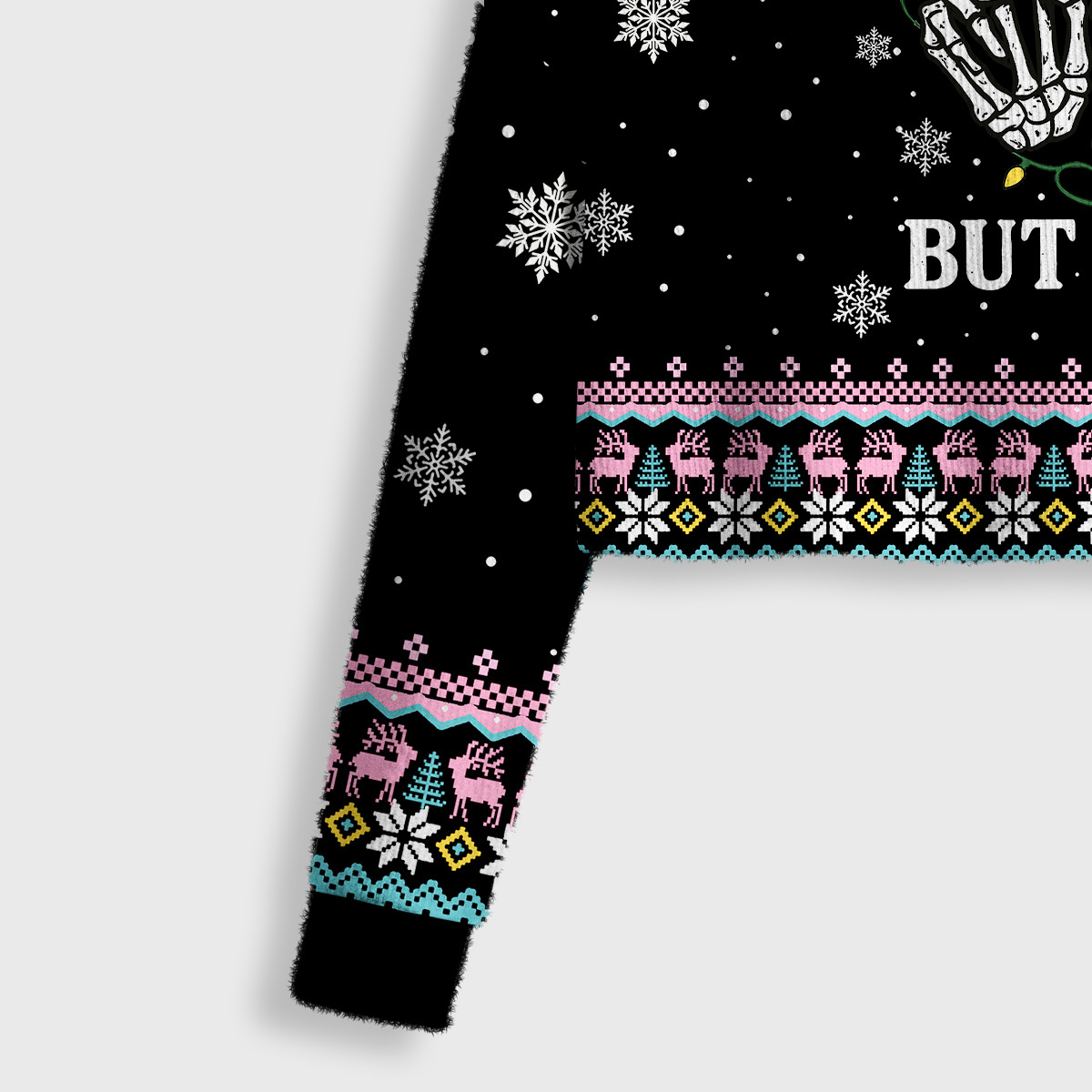 Purplehecate Dead Inside But Jolly AF Christmas Crop Fuzzy Ugly Sweatshirt