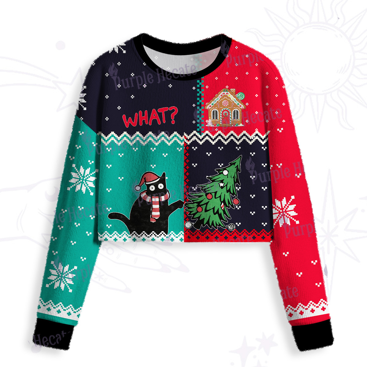 Purplehecate Christmas Black Cat Crop Fuzzy Ugly Sweatshirt
