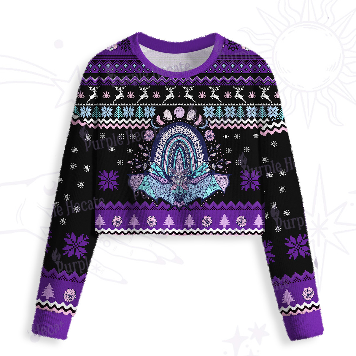 Purplehecate Moon Phase Bat Crop Fuzzy Ugly Sweatshirt