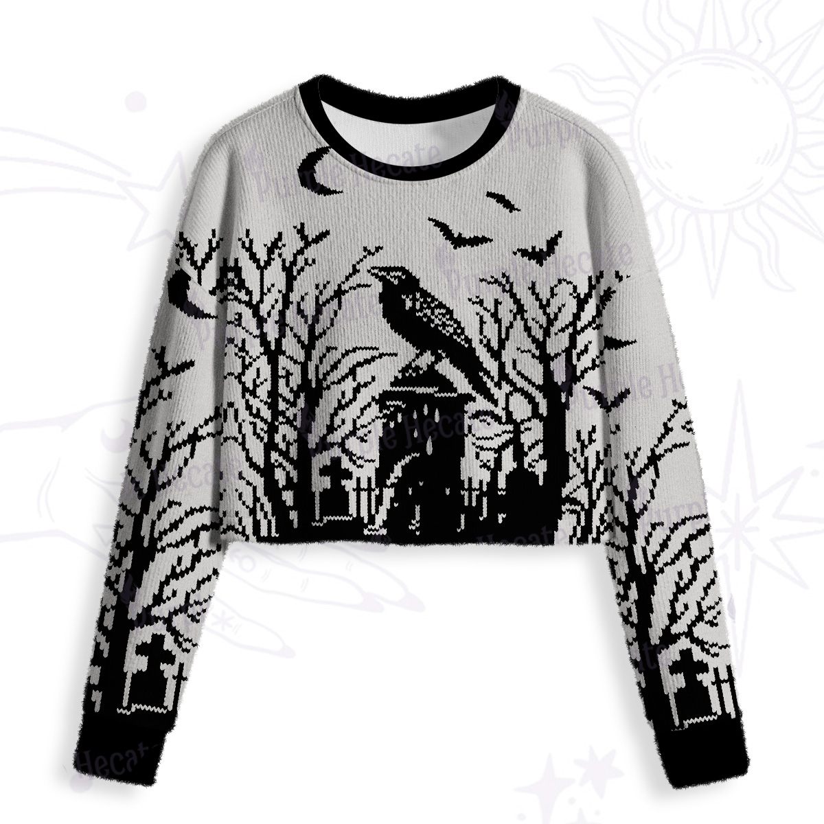Purplehecate Ravens Over the Spooky Graveyard Crop Fuzzy Ugly Sweatshirt