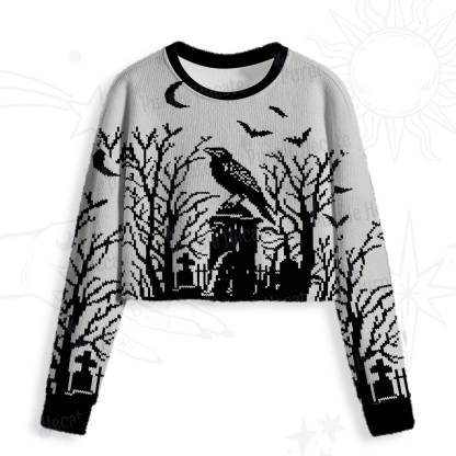 Purplehecate Ravens Over the Spooky Graveyard Crop Fuzzy Ugly Sweatshirt