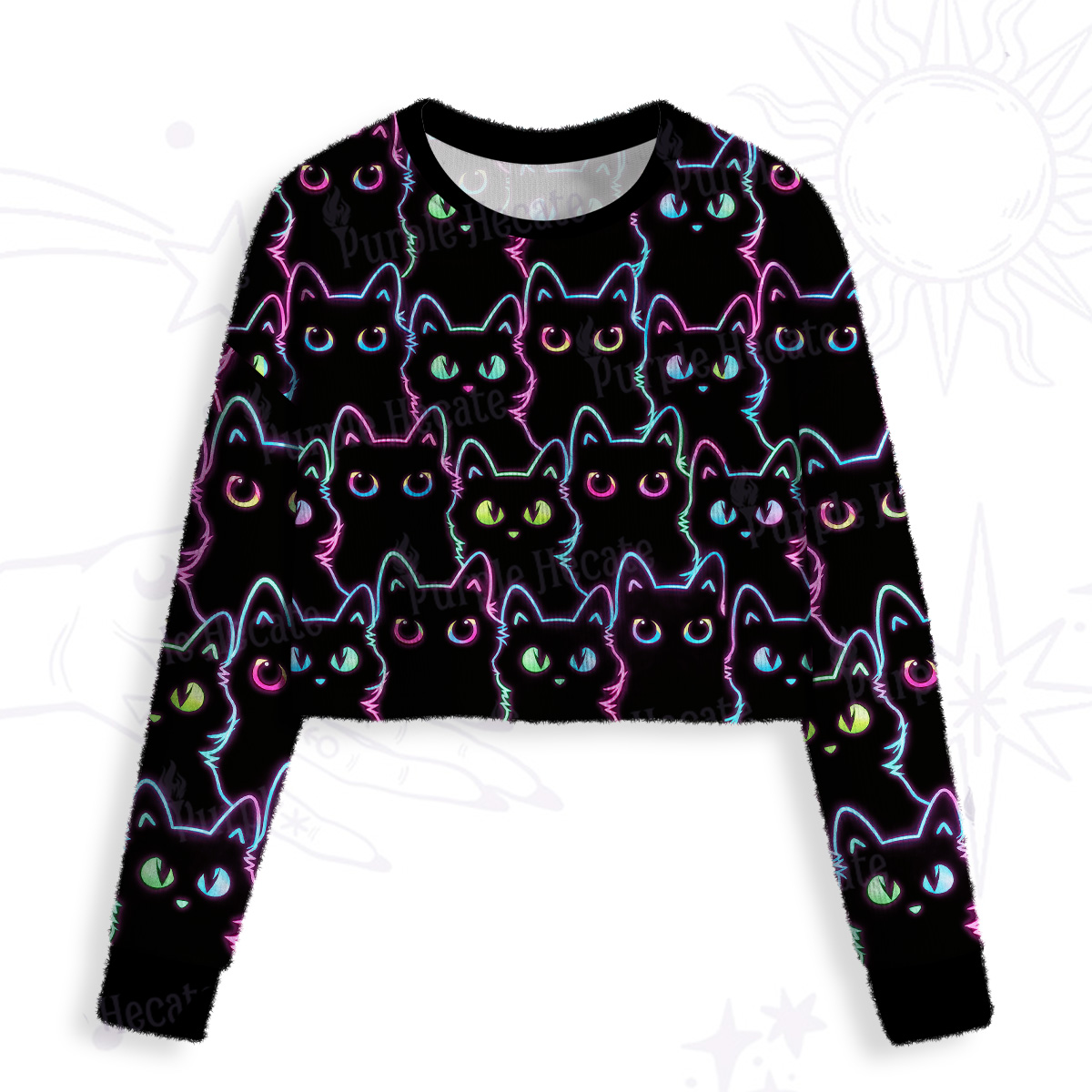 Purplehecate Neon Glow Stacked Cats Crop Fuzzy Ugly Sweatshirt