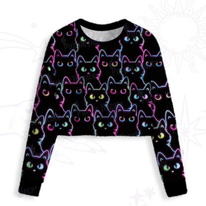 Purplehecate Neon Glow Stacked Cats Crop Fuzzy Ugly Sweatshirt
