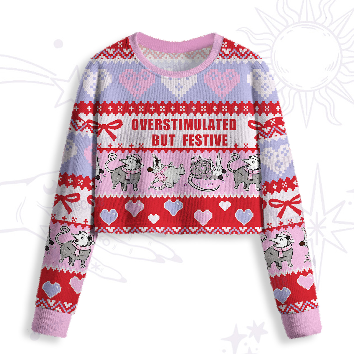 Purplehecate Overstimulated But Festive Possum Valentine Crop Fuzzy Ugly Sweatshirt