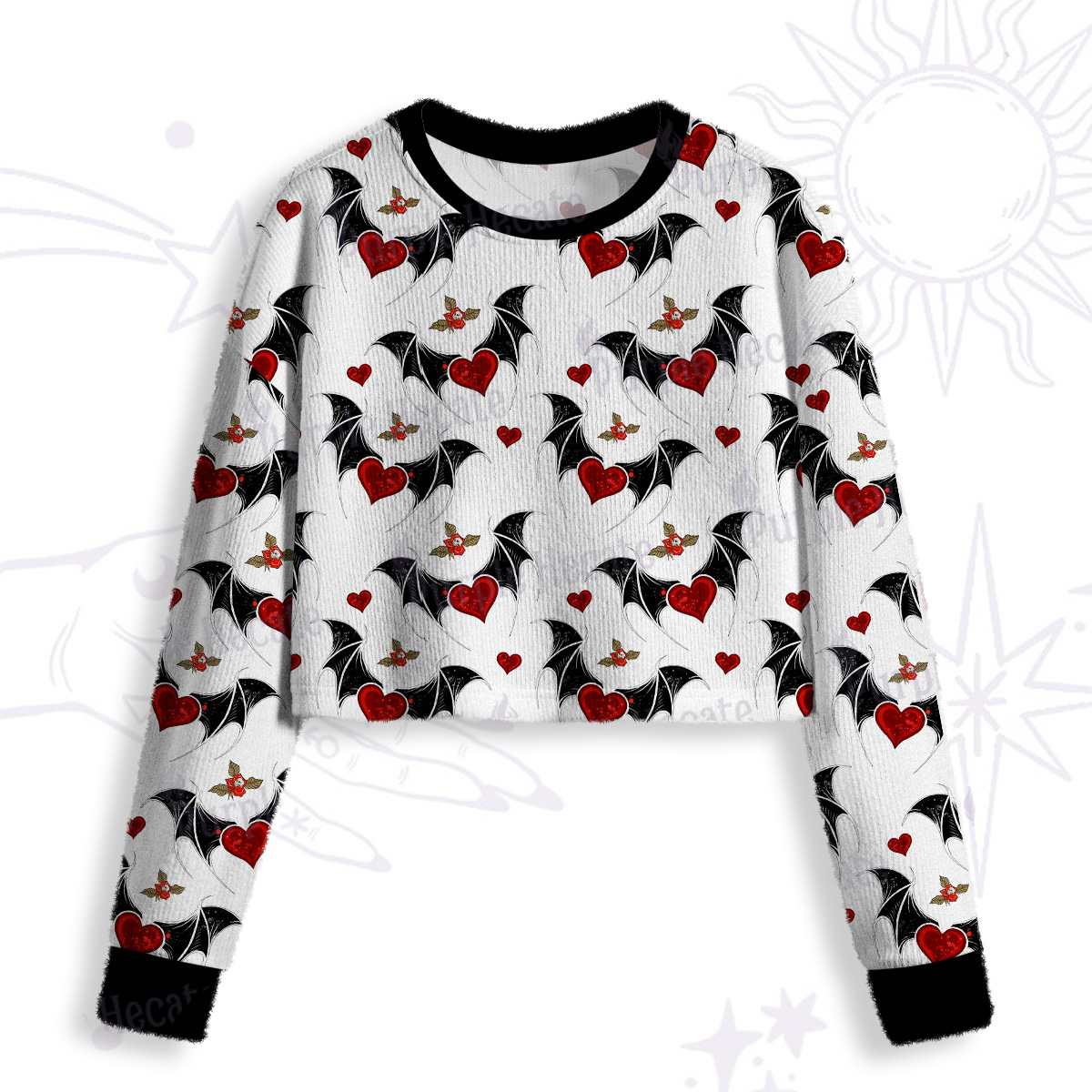Purplehecate Dark Romance Bat & Heart Crop Fuzzy Ugly Sweatshirt