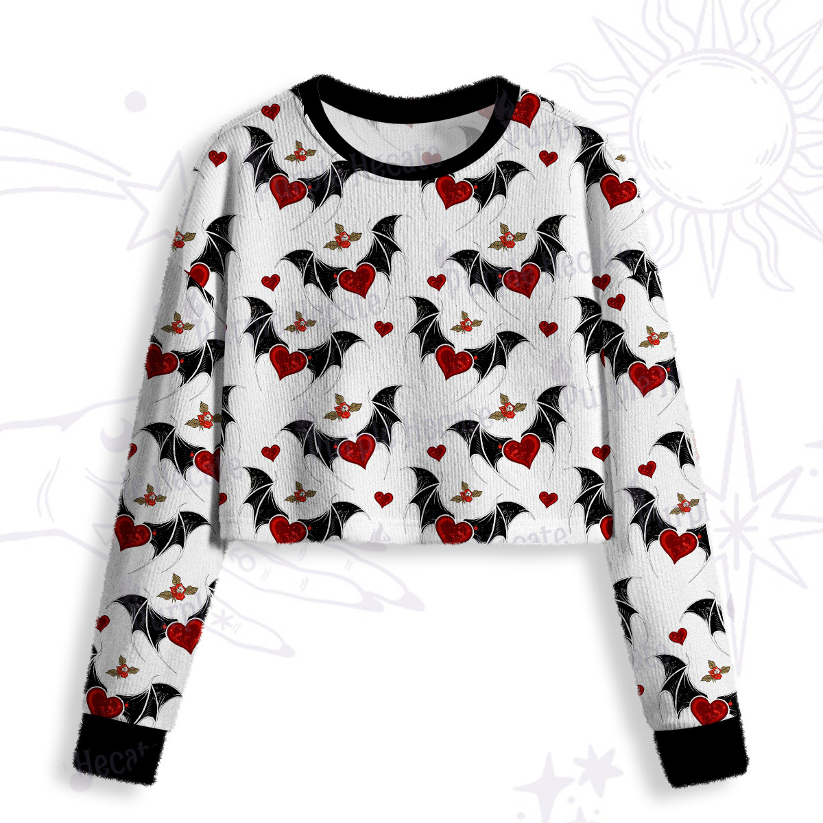 Purplehecate Dark Romance Bat & Heart Crop Fuzzy Ugly Sweatshirt
