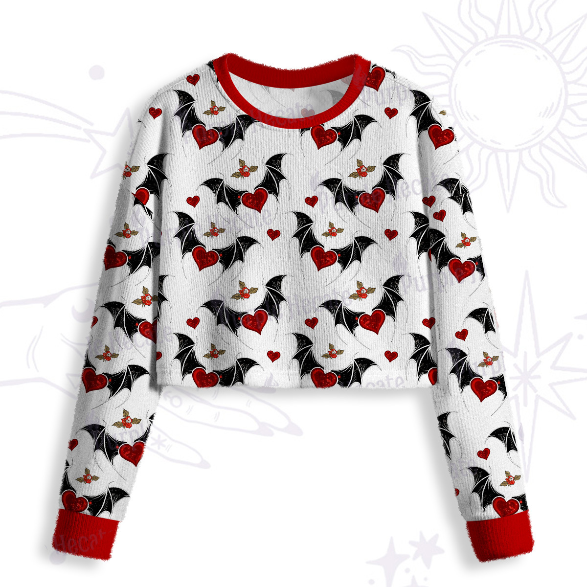 Purplehecate Dark Romance Bat & Heart Crop Fuzzy Ugly Sweatshirt