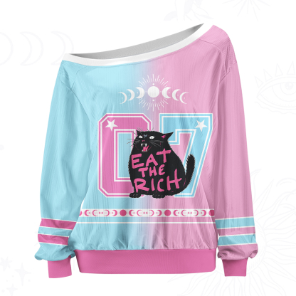 Purplehecate Eat The Rich Cat Off The Shoulder Graphic Jersey
