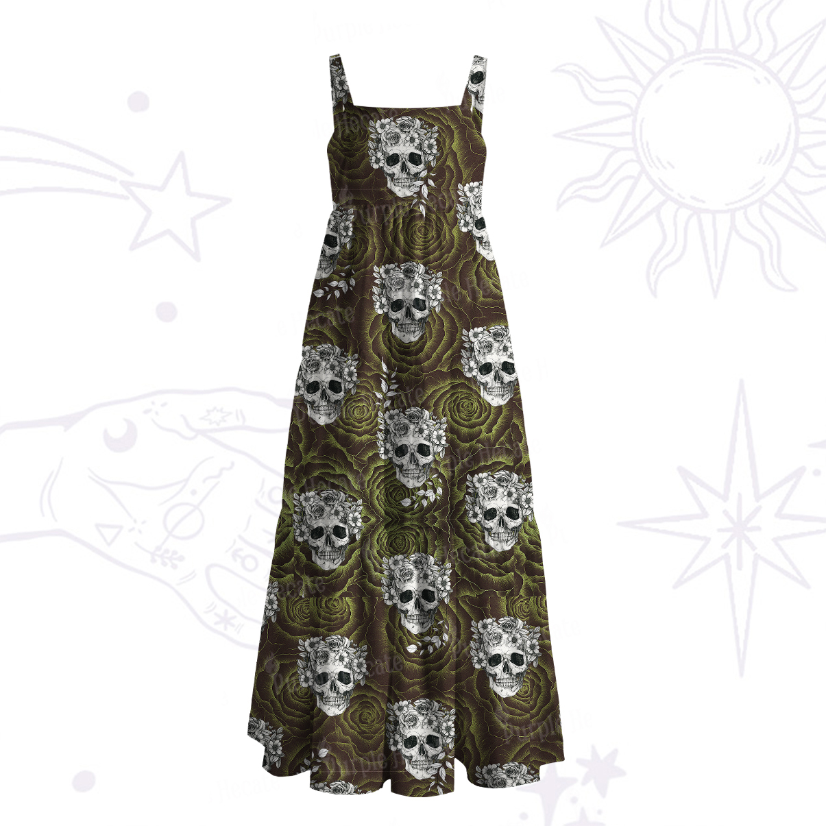 Purplehecate Rose Skull Wide Straps Maxi Dress