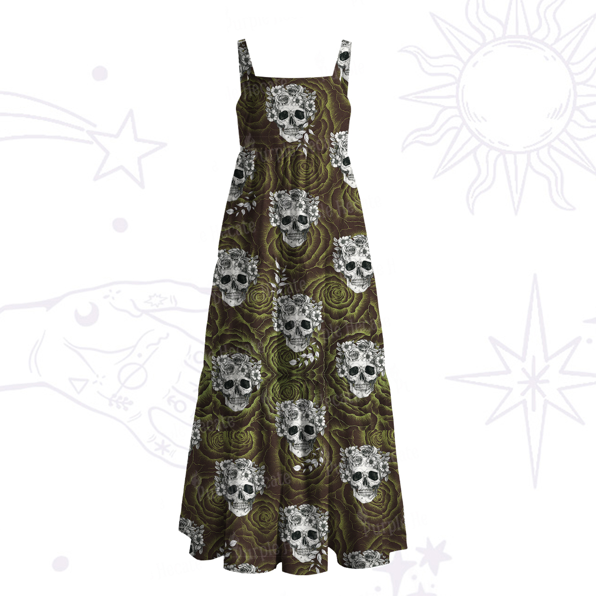 Purplehecate Rose Skull Wide Straps Maxi Dress