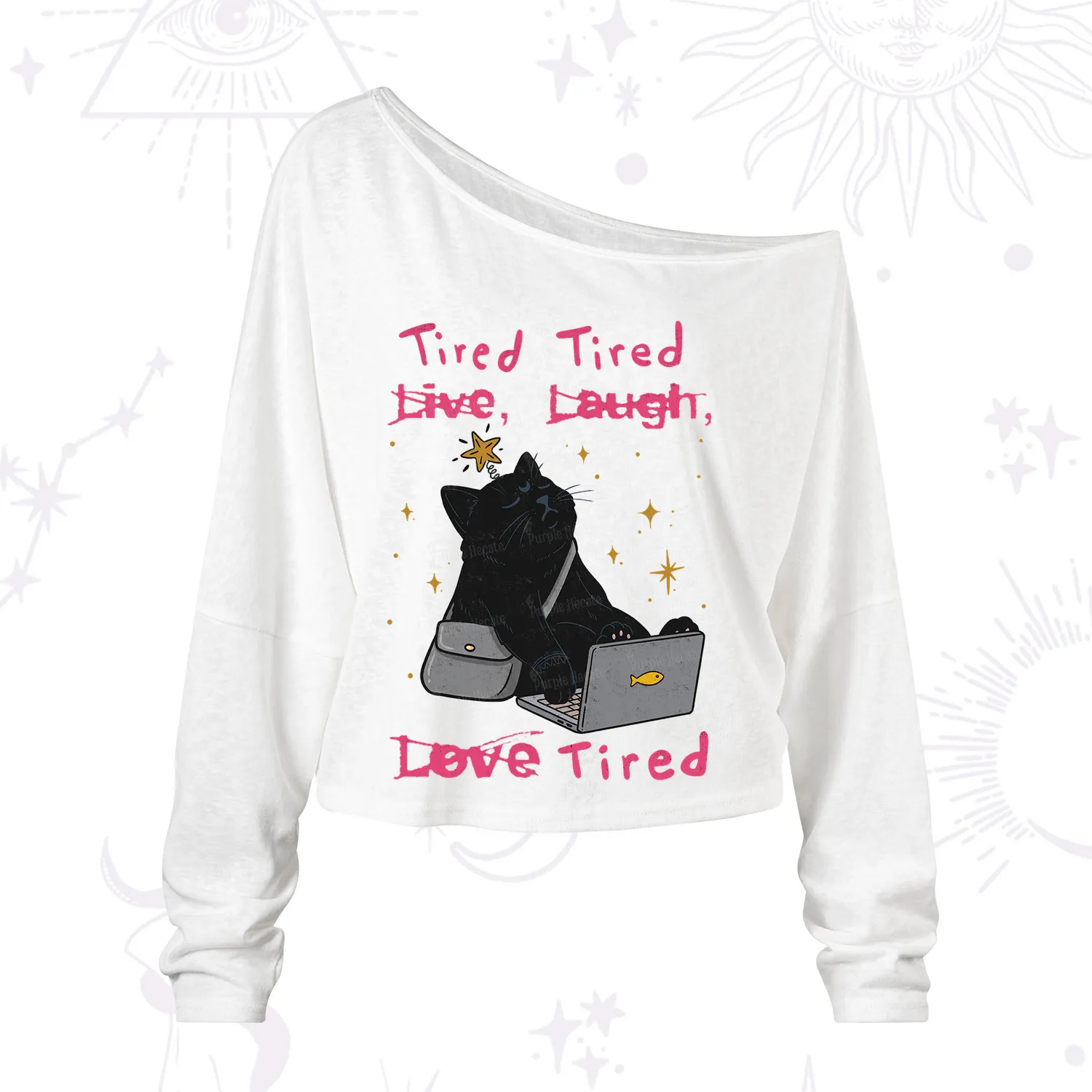 Purplehecate Tired Cat One Shoulder Long Sleeve Shirt