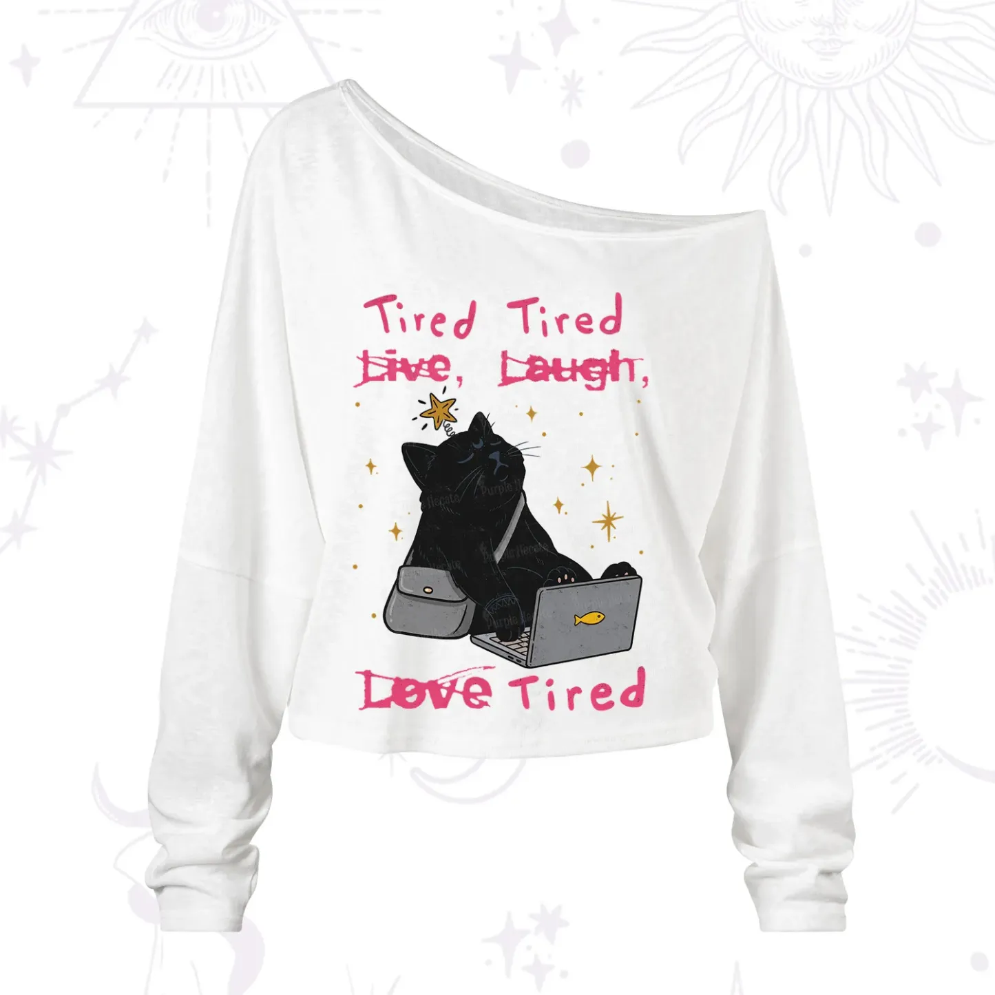Purplehecate Tired Cat One Shoulder Long Sleeve Shirt