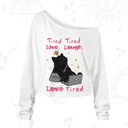 Purplehecate Tired Cat One Shoulder Long Sleeve Shirt