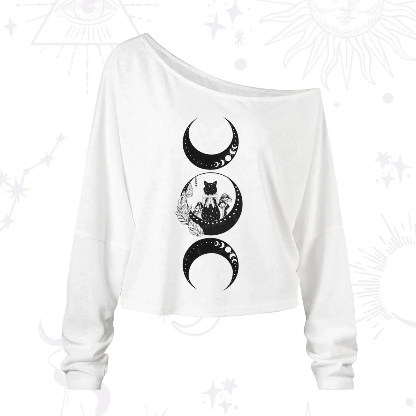 Purplehecate Cat And Moon Phases One Shoulder Long Sleeve Shirt