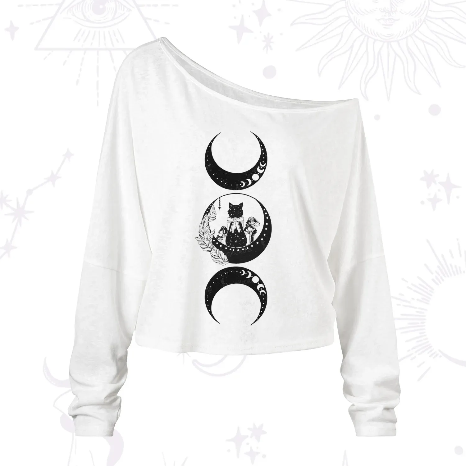 Purplehecate Cat And Moon Phases One Shoulder Long Sleeve Shirt