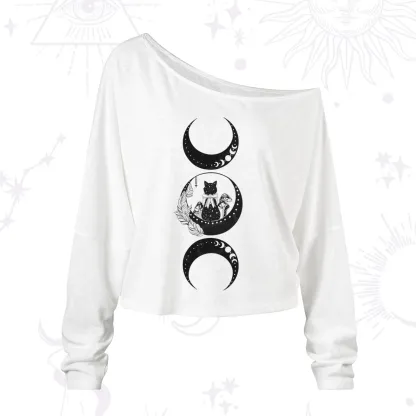 Purplehecate Cat And Moon Phases One Shoulder Long Sleeve Shirt