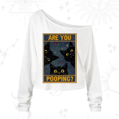 Purplehecate Funny Black Cat Are You Pooping One Shoulder Long Sleeve Shirt