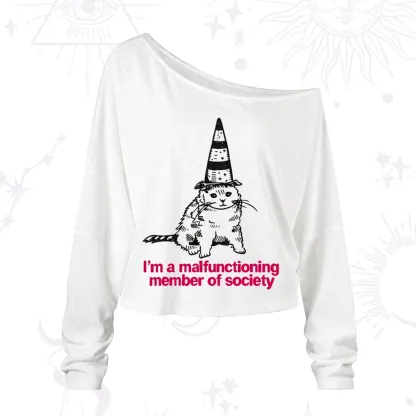 Purplehecate Social Anxiety Cat One Shoulder Long Sleeve Shirt