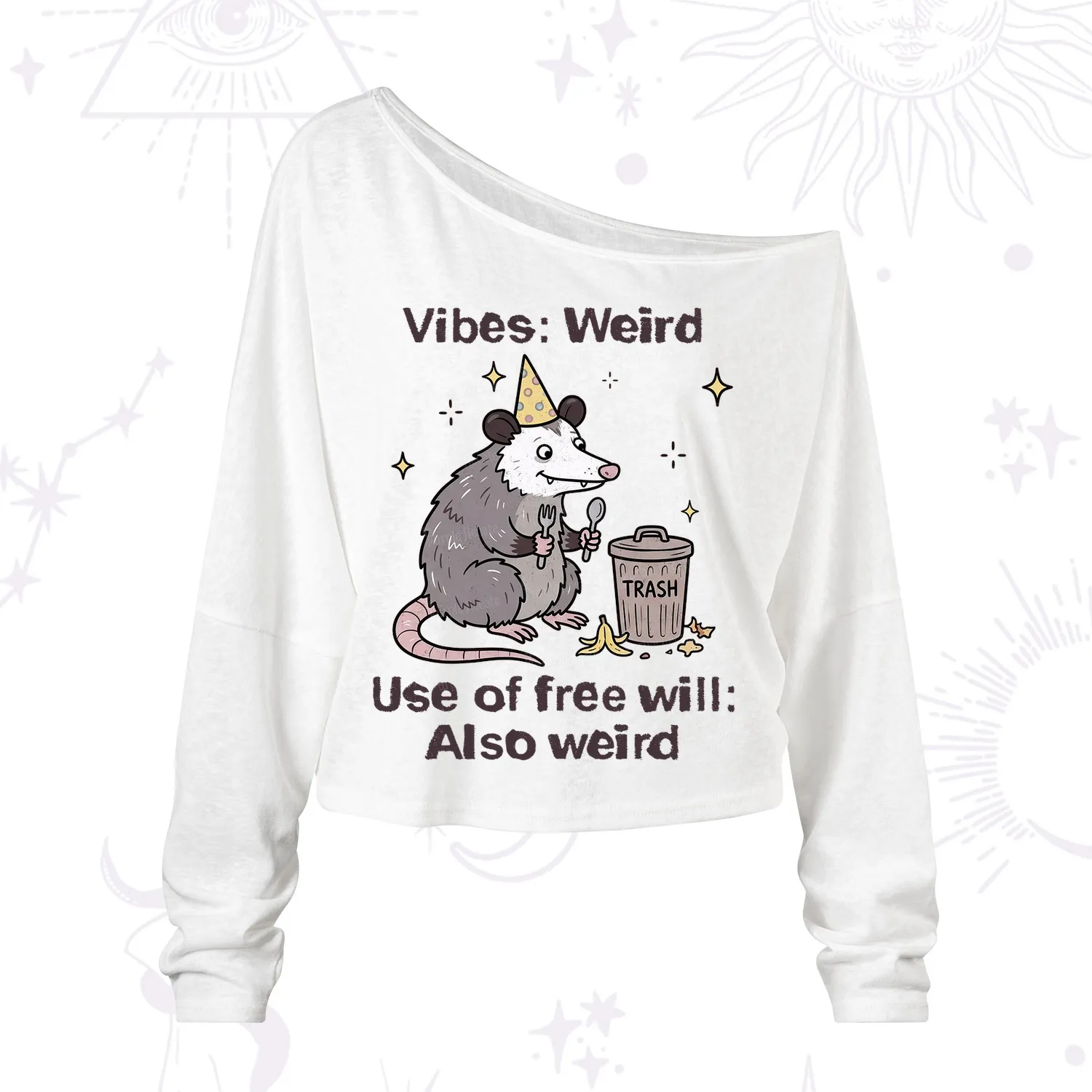 Purplehecate Weird Vibes Only Opossum One Shoulder Long Sleeve Shirt