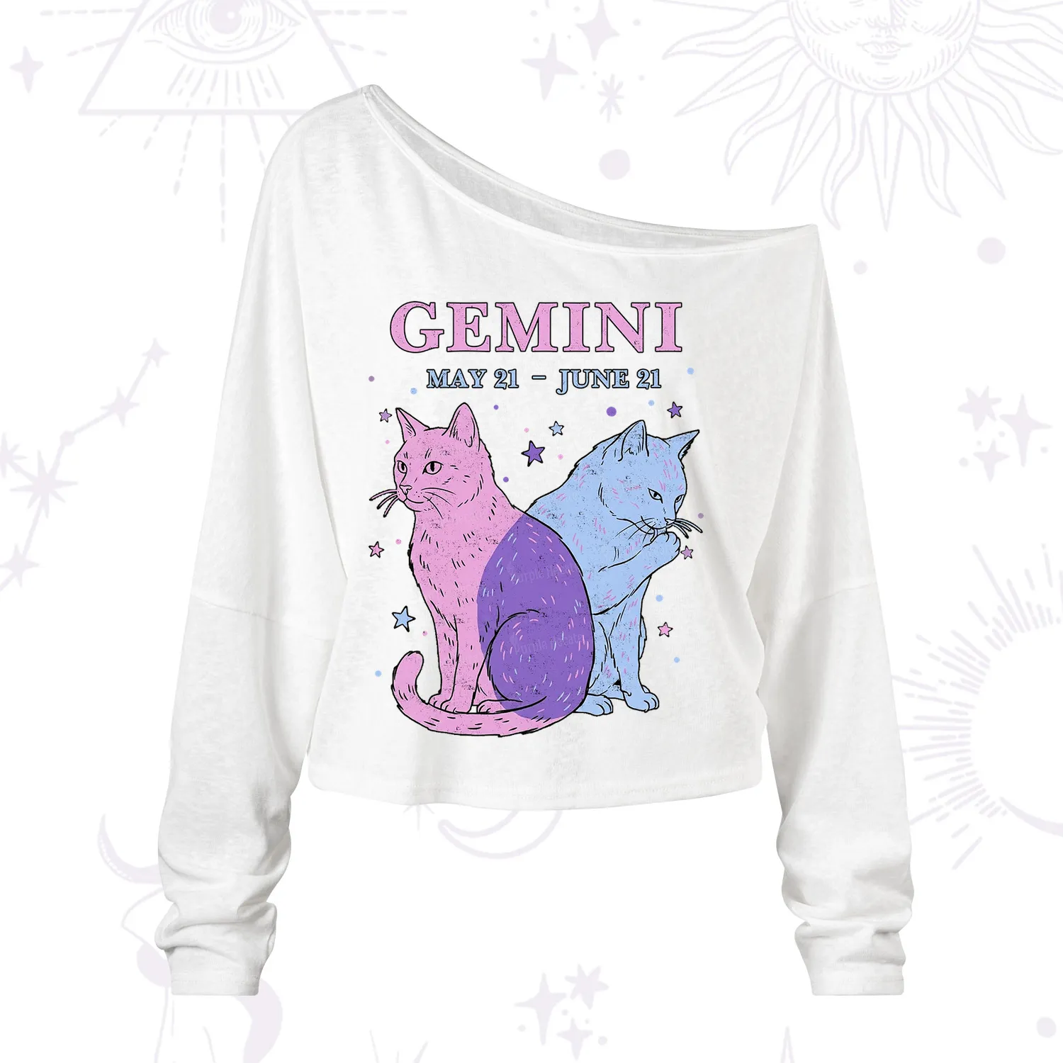 Purplehecate Gemini Zodiac Cats One Shoulder Long Sleeve Shirt