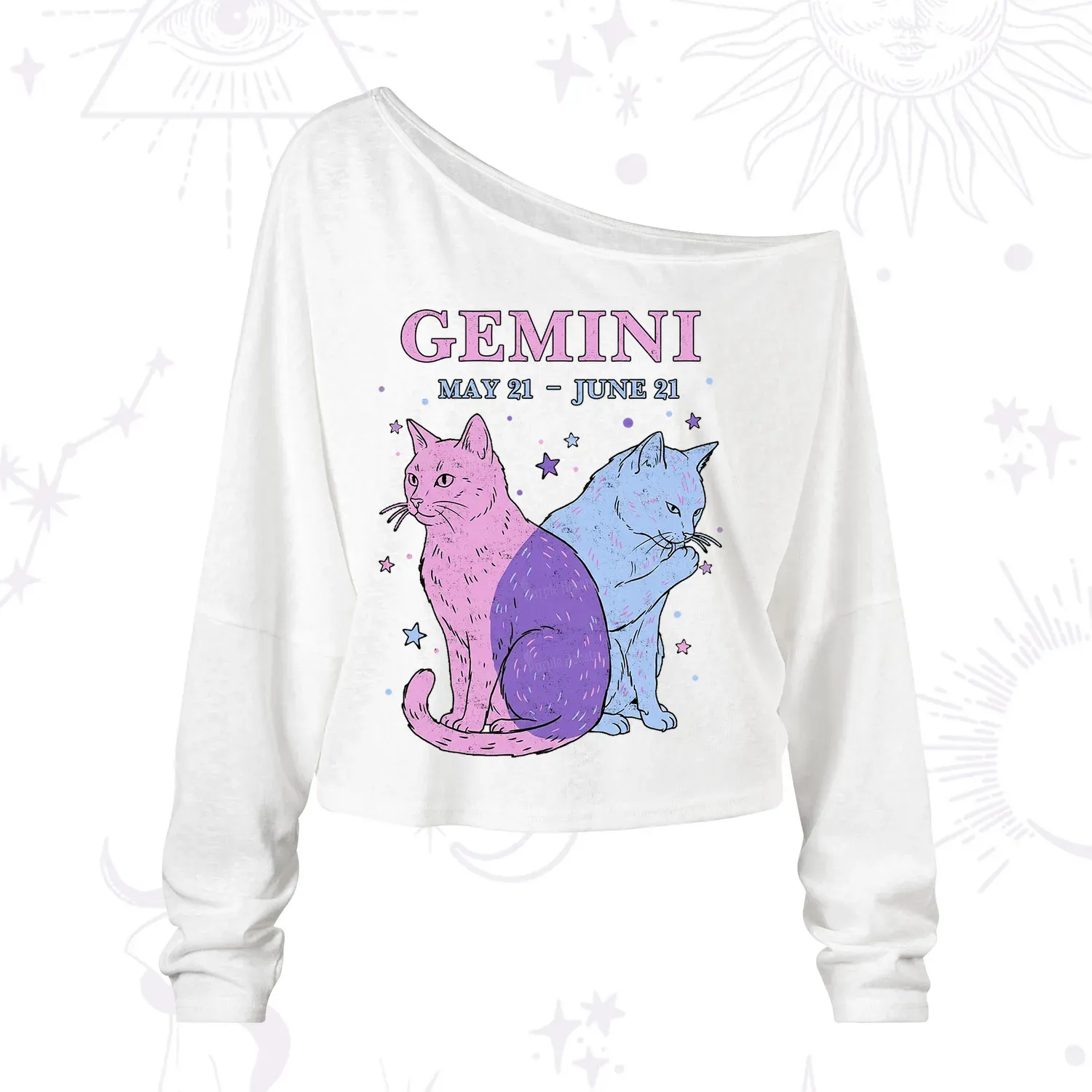 Purplehecate Gemini Zodiac Cats One Shoulder Long Sleeve Shirt