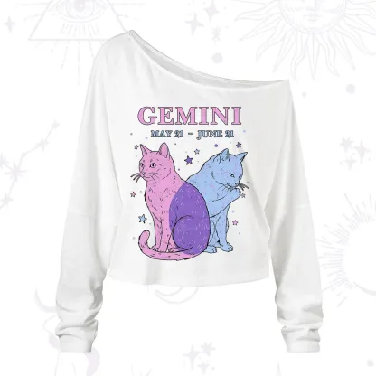 Purplehecate Gemini Zodiac Cats One Shoulder Long Sleeve Shirt