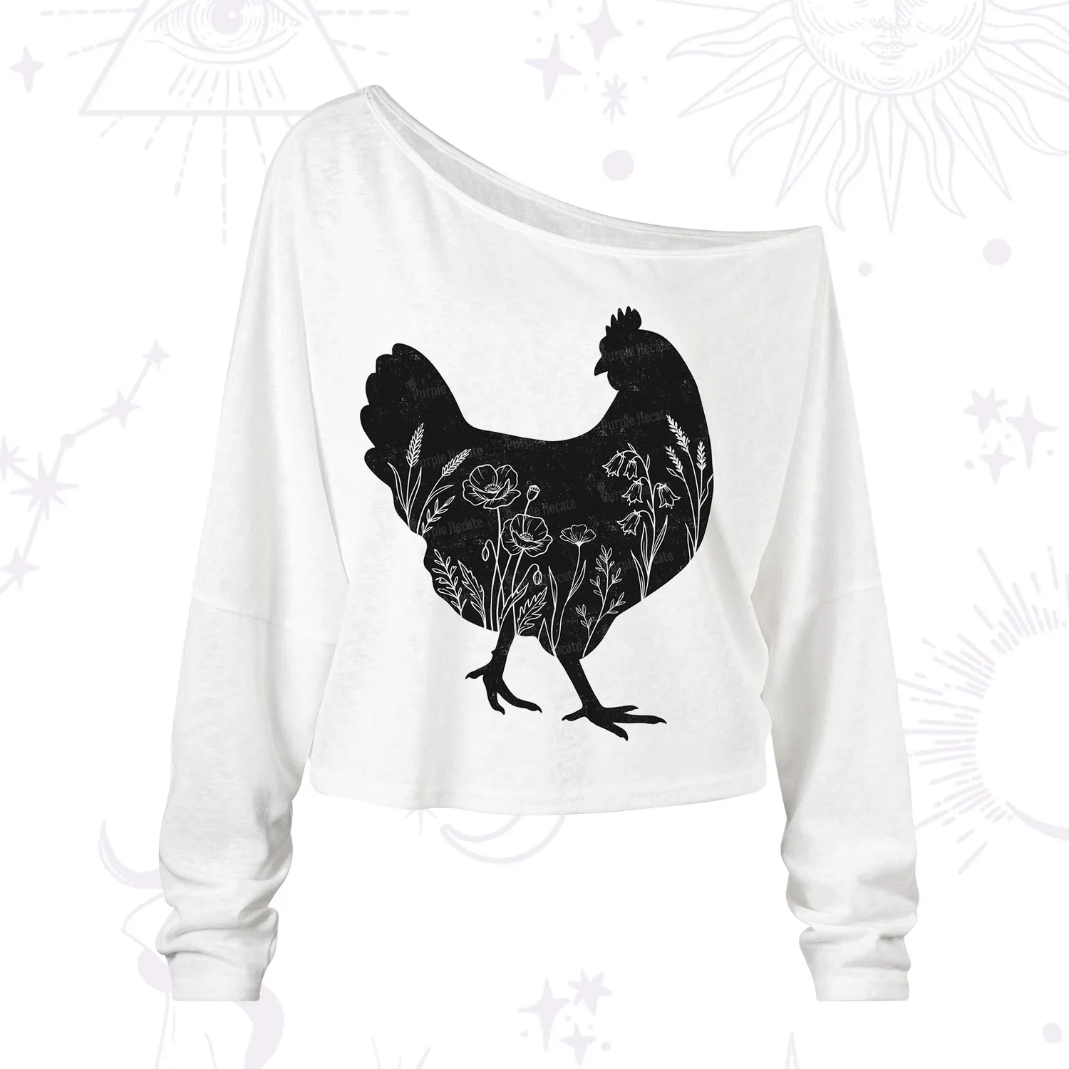 Purplehecate Floral Chicken One Shoulder Long Sleeve Shirt