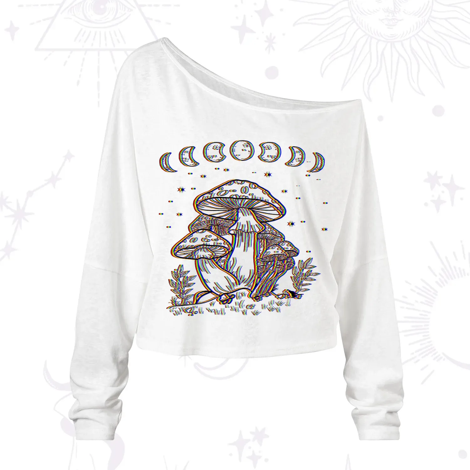 Purplehecate Mushroom and Moon One Shoulder Long Sleeve Shirt