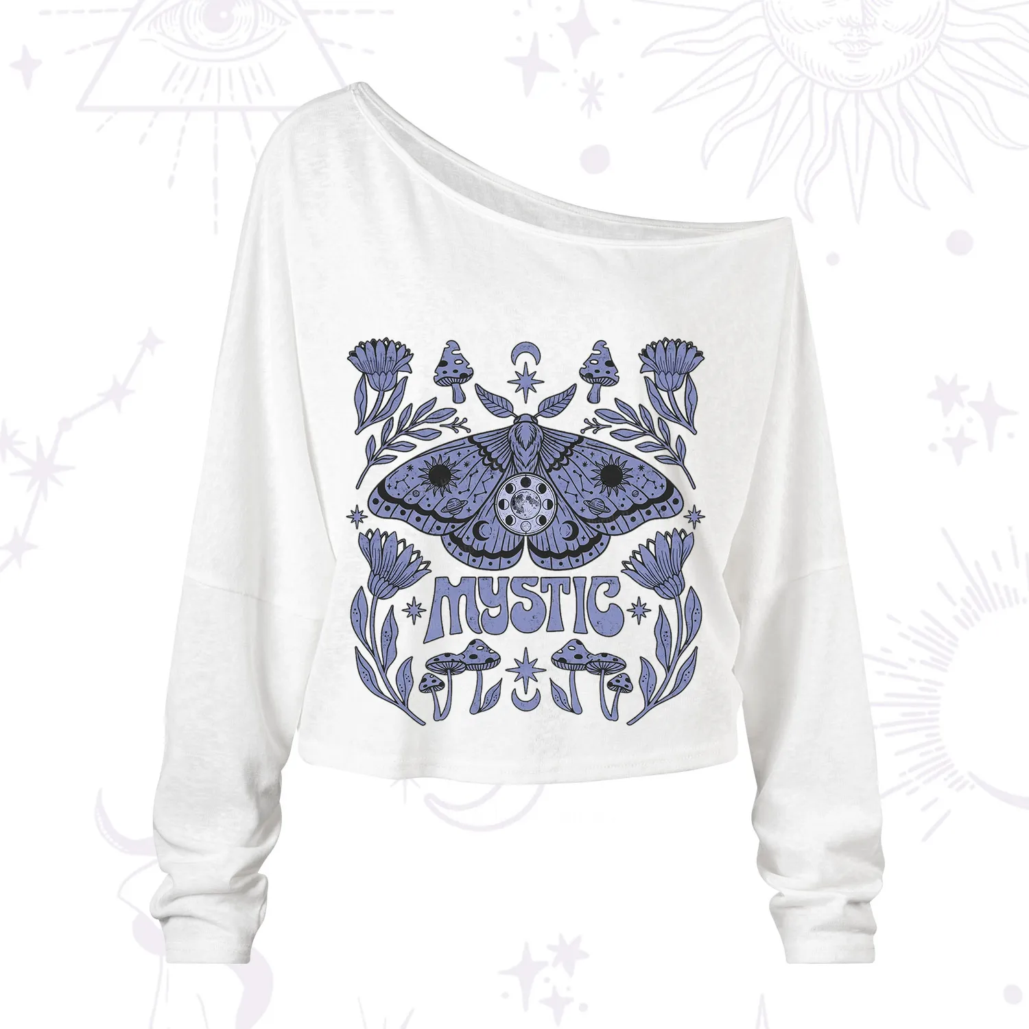 Purplehecate Celestial Moth Mushrooms One Shoulder Long Sleeve Shirt