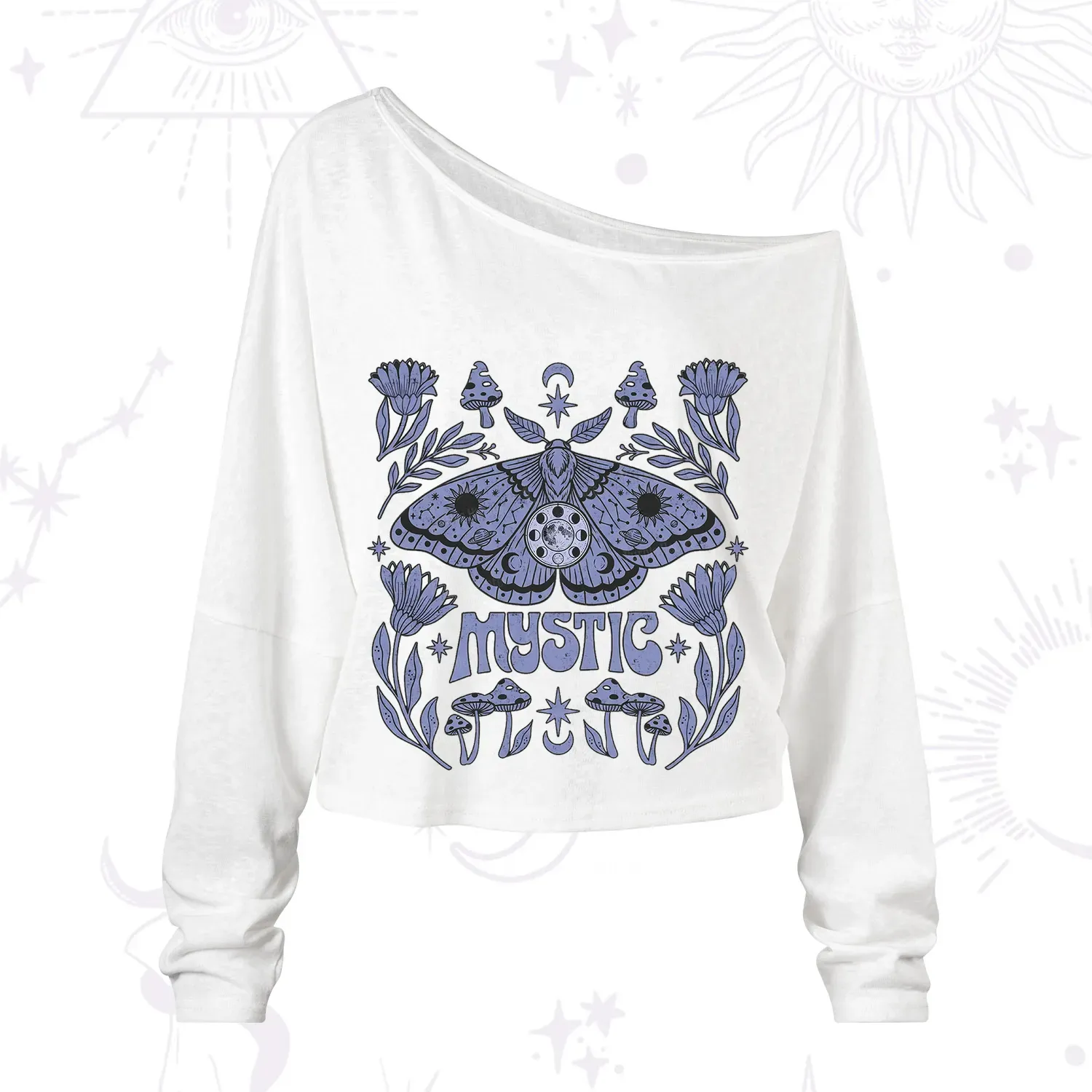 Purplehecate Celestial Moth Mushrooms One Shoulder Long Sleeve Shirt